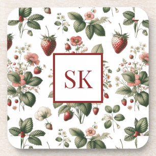 Süße Erdbeere & Florales Muster Custom Monogramm Getränkeuntersetzer