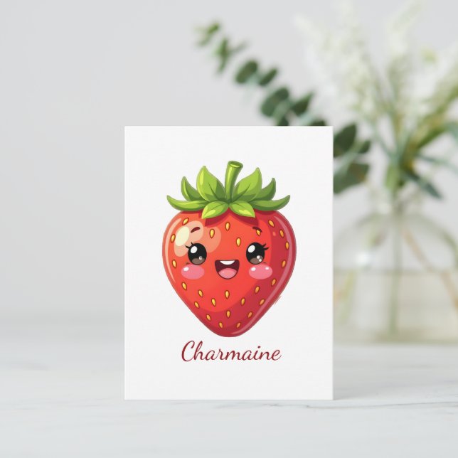 Süße Erdbeere Kawaii mit Monogramm Postkarte (Stehend Vorderseite)