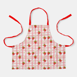 Süße Erdbeere und Blumen auf rosa Gingham Schürze