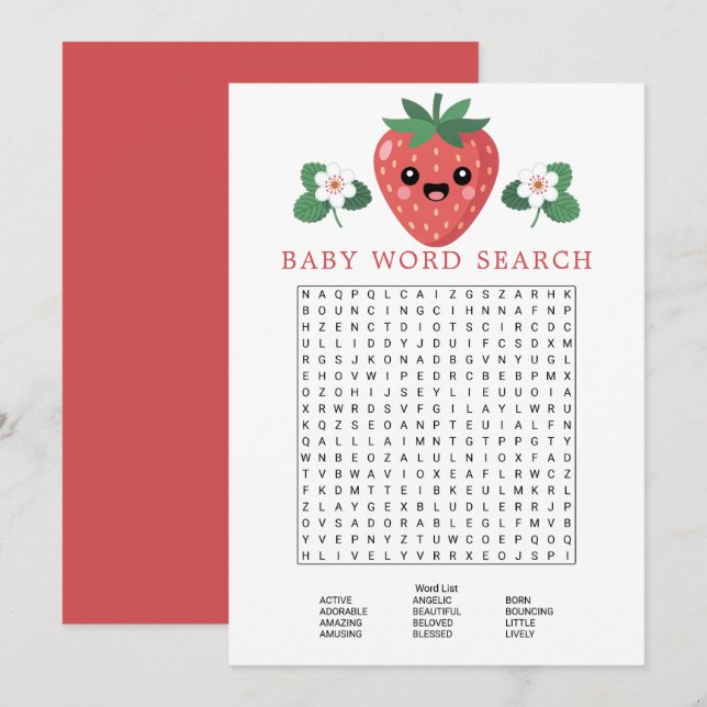 Süße Erdbeeren-Baby-Party-Wortsuche-Spiel Einladung (Vorne/Hinten)