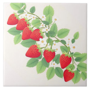 Süße Erdbeeren mit grünen Blättern und Blüten Fliese