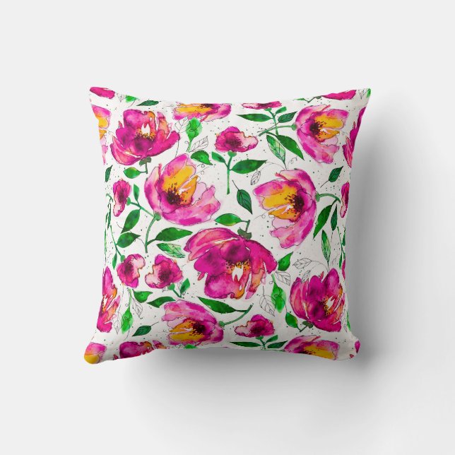 Süße Erinnerungen Aquarellblume in Rosa und Grün Kissen (Rückseite)