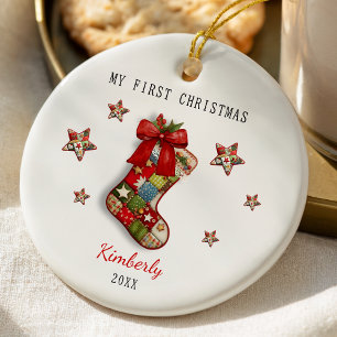 Süße erste Baby-Weihnachts-Patchwork-Strumpf Keramik Ornament