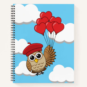 Süße Eule fliegt mit Herzballons Notizbuch