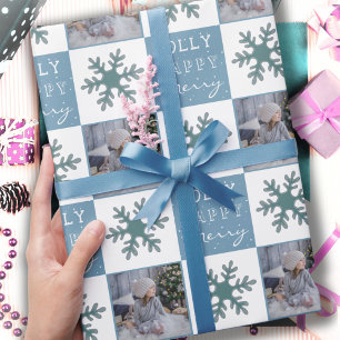 Süße Familienfoto Blau Schneeflocke Weihnachten Geschenkpapier