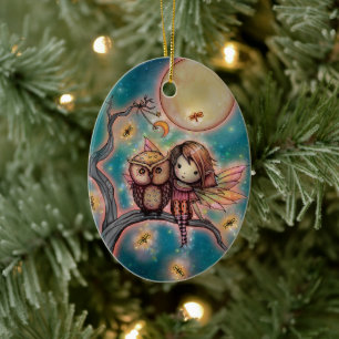 Süße, fantasievolle Fee mit Eule und Glühwürmern Keramik Ornament