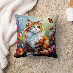 Süße fantastische Katze, Blumen und Schmetterlinge Kissen