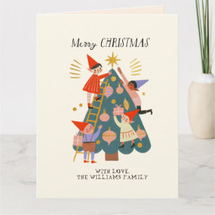 Süße fantastische Weihnachtselfen und Baumfamilie Karte