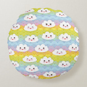 Süße farbenfrohe Kawaii-Emoji-Wolken-Muster Rundes Kissen