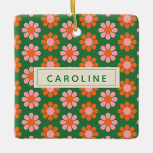 Süße farbenfrohe Retro-Blumenmuster Grün Pink Name Keramikornament