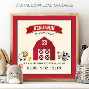 Süße Farmtiere der roten Scheune Baby-Geburtsstati Poster