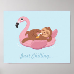 Süße faule Faultier auf rosa Flamingo-Schwimmfloat Poster