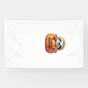 Süße Faultier sitzt in einem Kürbis. Text Happy Ha Banner