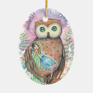 Süße Fee und Eule Fantasy-Kunst von Molly Harrison Keramik Ornament