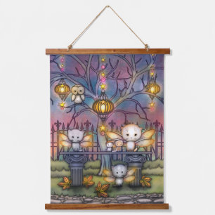 Süße Feenkatzen in einer Herbstnacht Fantasy-Kunst Wandteppich Mit Holzrahmen