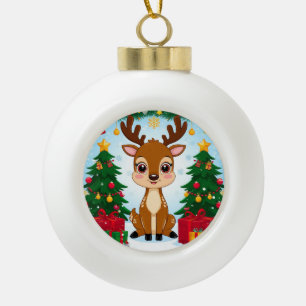 Süße festliche Rentiere umgeben von Weihnachtsbaum Keramik Kugel-Ornament