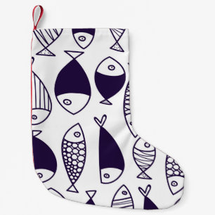 Süße Fische. Kinderhintergrund. Nahtloses Muster. Kleiner Weihnachtsstrumpf