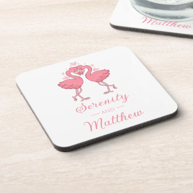 Süße Flamingo-Rosa-Tropische-Strand-Hochzeit Getränkeuntersetzer (Linke Seite)