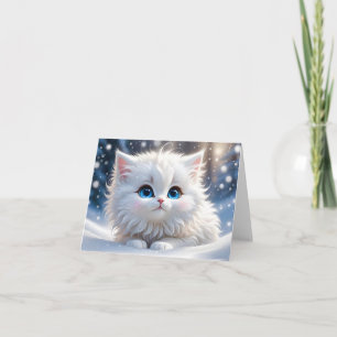 Süße flauschige weiße Katze blaue Augen leere Gruß Karte