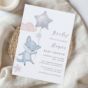 Süße fliegende Ballon Fuchs Blau Junge Baby Shower Einladung