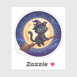 Süße fliegende Hexe schwarze Katze Mond Halloween Aufkleber