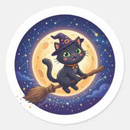 Süße fliegende Hexe schwarze Katze Mond Halloween  Runder Aufkleber