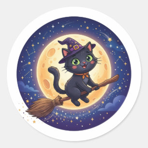 Süße fliegende Hexe schwarze Katze Mond Halloween  Runder Aufkleber