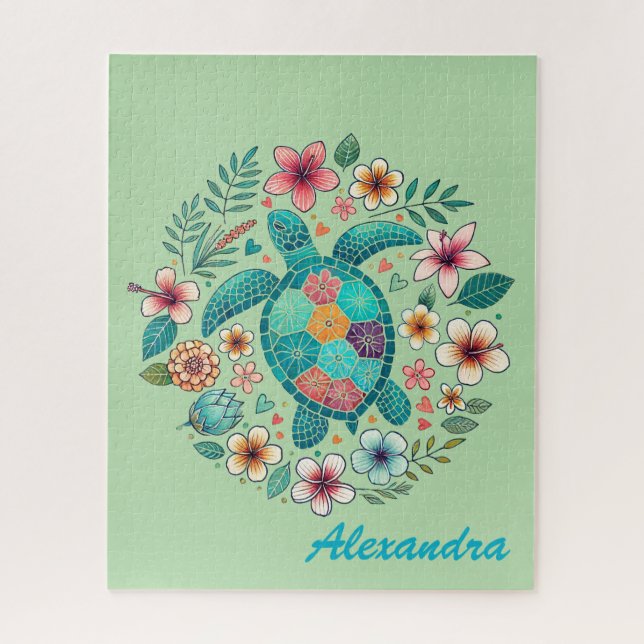  Süße florale Boho-Meeres-Schildkröte mit Namen  (Vertikal)
