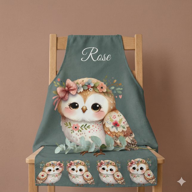 Süße florale Eule mit Schleife Schürze (Cute Floral Owl with Bow Apron Draped Over Chair)