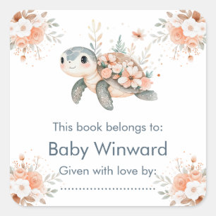 Süße florale Schildkröte Baby Shower Quadratischer Aufkleber