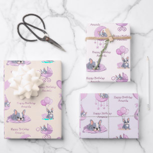 Süße französische Bulldogge Baby Mädchen Geburtsta Geschenkpapier Set