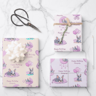 Süße französische Bulldogge Baby Mädchen Geburtsta Geschenkpapier Set