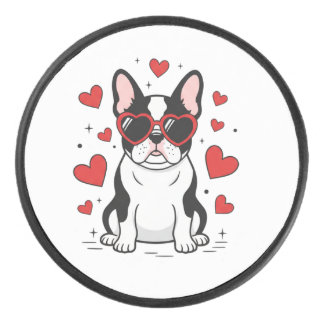 Süße Frenchie in Love Heart Sonnenbrille Illustrat Eishockey Puck