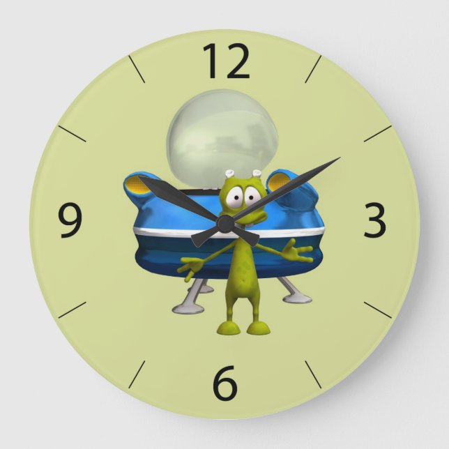 Süße freundliche Alien-UFO-Cartoon-Weltraum-Kunst Große Wanduhr (Vorderseite)