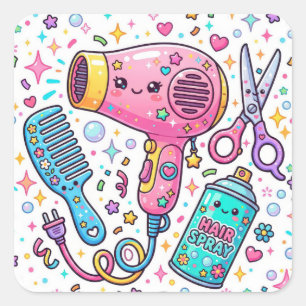 Süße Friseurwerkzeuge im Kawaii-Kunststil Quadratischer Aufkleber