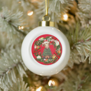 Süße fröhliche Kuh Weihnachtsbaum Kalb Ochse Xmas  Keramik Kugel-Ornament