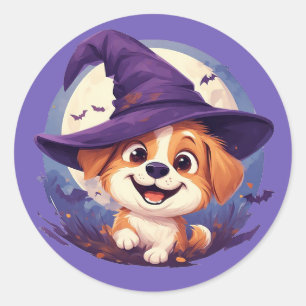 Süße Fröhliche Welpen-Hexenhut-Halloween-Hunde-Dek Runder Aufkleber