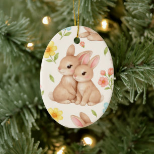 Süße Frühlingshasen und Blumengarten-Muster Keramik Ornament