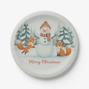 Süße Füchse und Schneemann Frohe Weihnachten Pappteller