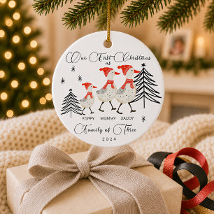 Süße Gänsefamilie zu Dritt zum ersten Weihnachten Keramik Ornament