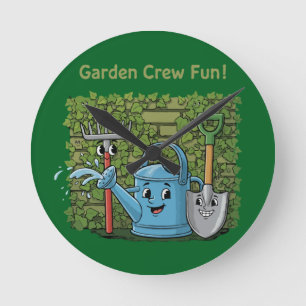Süße Gartencrew-Spaß! Cartoon-Gartengeräte Runde Wanduhr