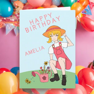 Süße Gartengirl Blumen Blonde Haare Geburtstag Karte