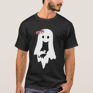 Süße Geister-Schwarze Katze Rosa Schleife Lustig V T-Shirt