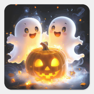 Süße Geisterfamilie Halloween-Kürbis Gruselige Nac Quadratischer Aufkleber