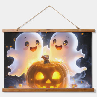 Süße Geisterfamilie Halloween-Kürbis Gruselige Nac Wandteppich Mit Holzrahmen