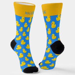 Süße gelbe Ente auf blauem Muster personalisiert Socken