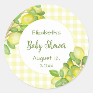 Süße gelbe Gingham-Baby-Shower-Aufkleber mit Zitro Runder Aufkleber