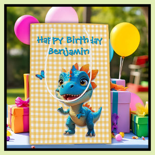Süße gelbe Gingham-Blau-Dinosaurier-Jungen-Geburts Mittlere Geschenktüte
