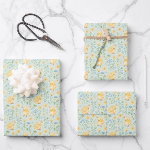 Süße gelbe Küken und Blumen Muster Geschenkpapier Set