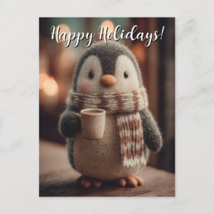 Süße gestrickte Pinguin-Puppe mit Schal und Tasse Postkarte